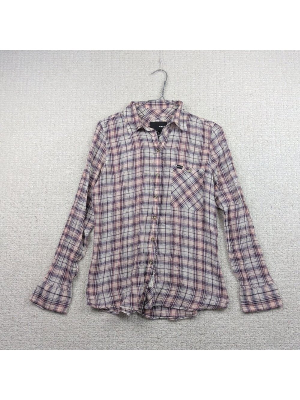 Y2K Hurley Ex Boyfriend Fit Wilson Plaid Button Up Flowy Shirt Sz S Surfer Boho*